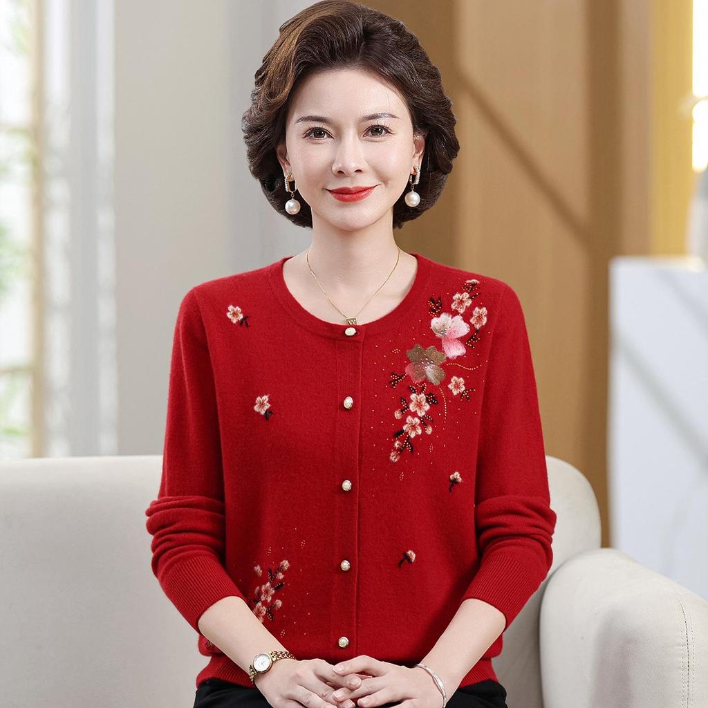 Elegant Women's Pure Wool Cardigan - Autumn/Winter Round Neck Knitwear with Embroidery for Mid-to-Old Age Mothers