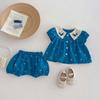 Summer Floral Embroidered Baby Girl Set with Peter Pan Collar and Bubble Sleeves