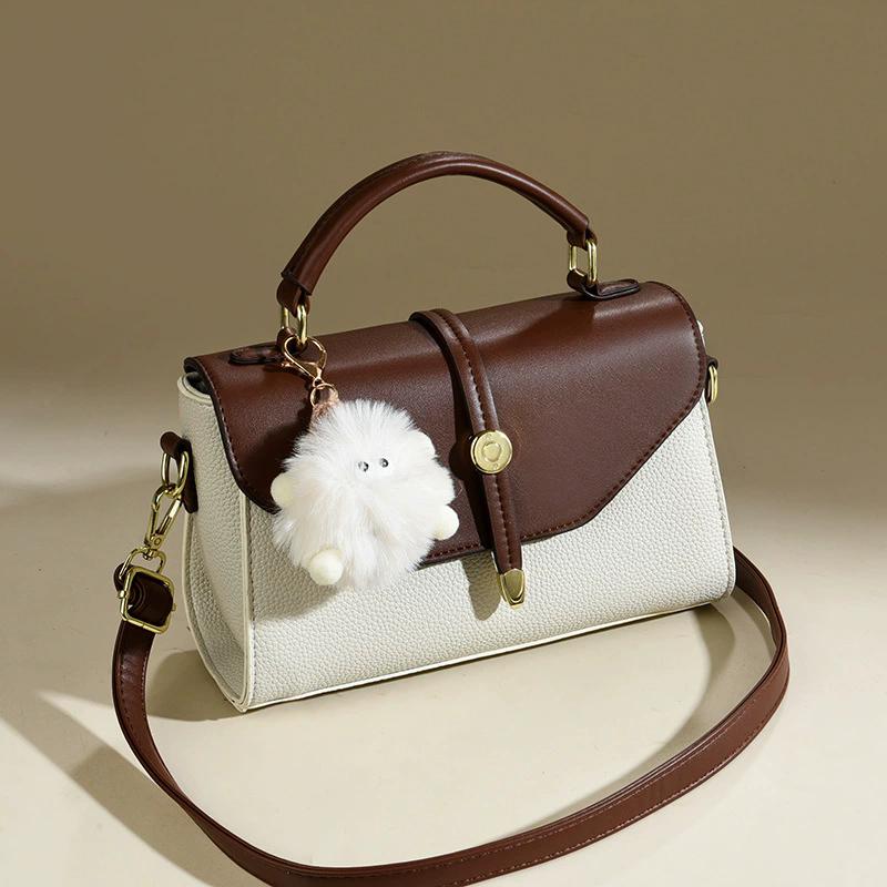 Women's Pink PU Leather Top-Handle Crossbody Bag, Luxury Soft Leather Designer Shoulder Bag with Plush Charm