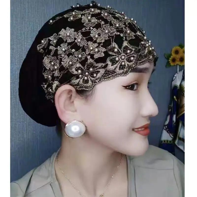 Breathable Lace Beading Turban Hat Summer Female Head Wraps Caps Muslim Women Headscarf Bonnet Ready to Wear Inner Hijabs
