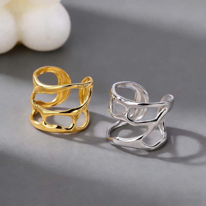 Stainless Steel Metal Lava Rings for Women Girls Fashion Gold Color Hollow Wide Adjustable Finger Rings Y2K Jewelry 2026 Trend