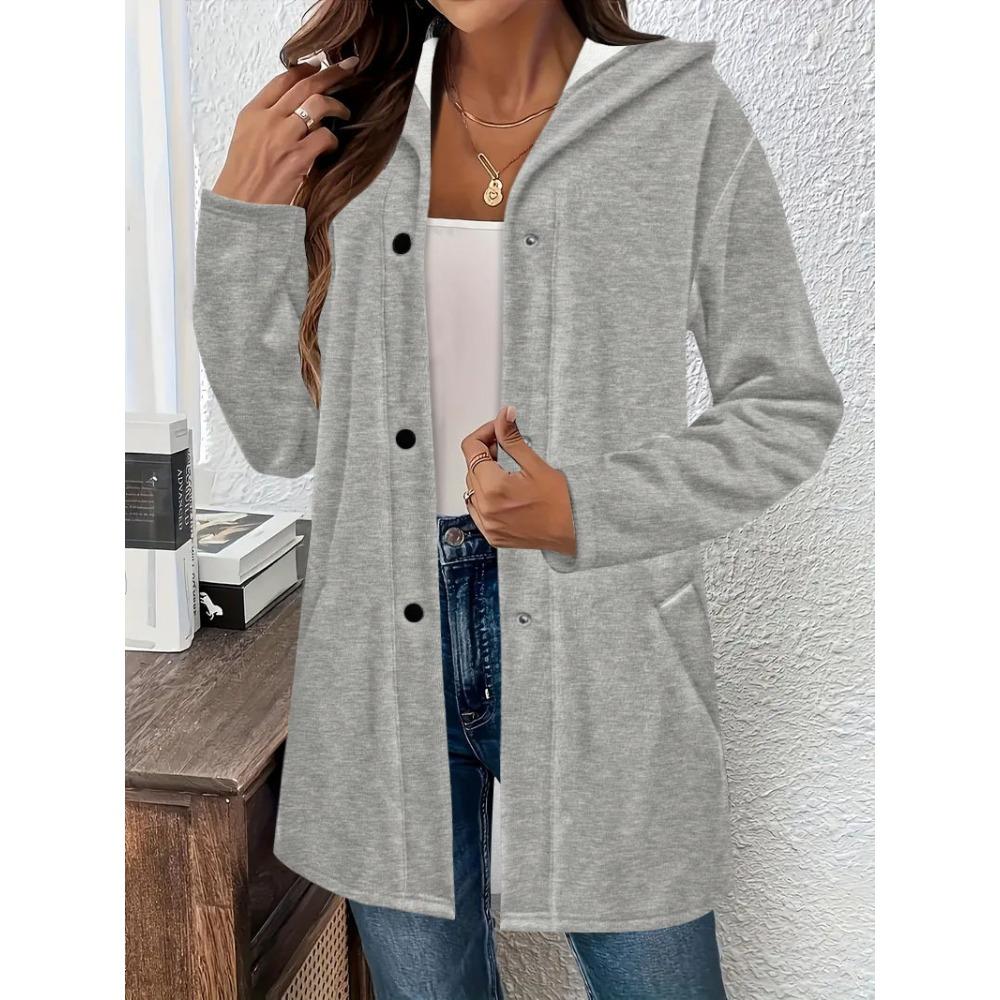 

Женское пальто большого размера однотонное с капюшоном толстое на пуговицах для осени и зимы 5XL серый