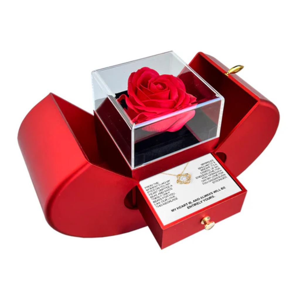 Valentine's Day & Christmas Jewelry Gift Box: Four-Leaf Clover Necklace & Rose Eternal Flower for Women