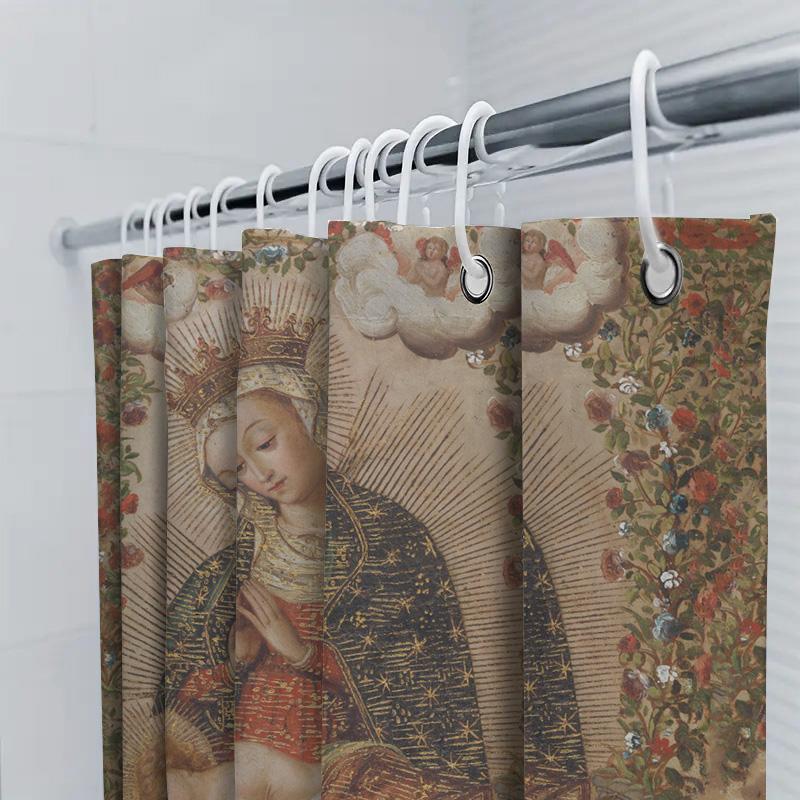 Vintage Religious Madonna Shower Curtain Set Christian Holy Mother Bath Decor With Cross Pattern For Home Decoration