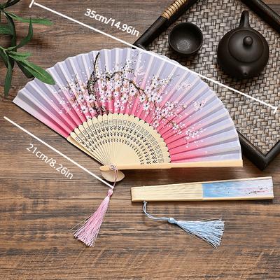 1Pc Vintage Silk Folding Fan Retro Chinese Japanese Bamboo Folding Fan Tassel Dance Hand Fan Home Decoration Ornament Craft Gift