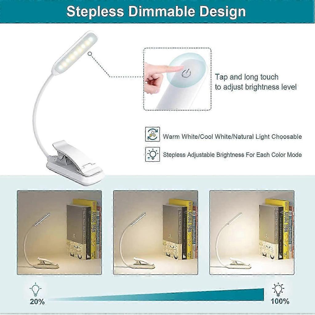 LED Reading Light, Rechargeable Reading Light Lamp In 3 Brightness Modes (Cool White/Warm Yellow), Dimmable Reading Light for Book In Bed, Book Clip L