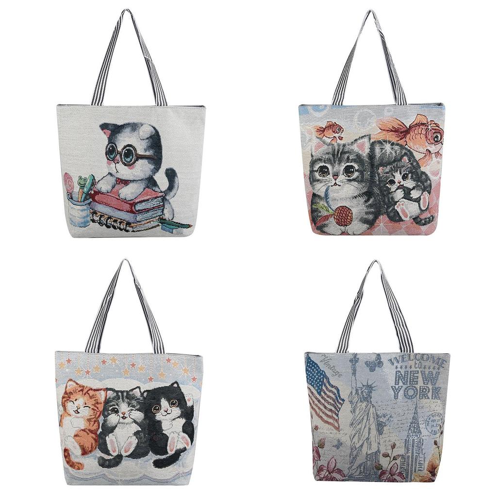 Cat Canvas Tote Bag With Embroidery For Casual Travel And Shopping