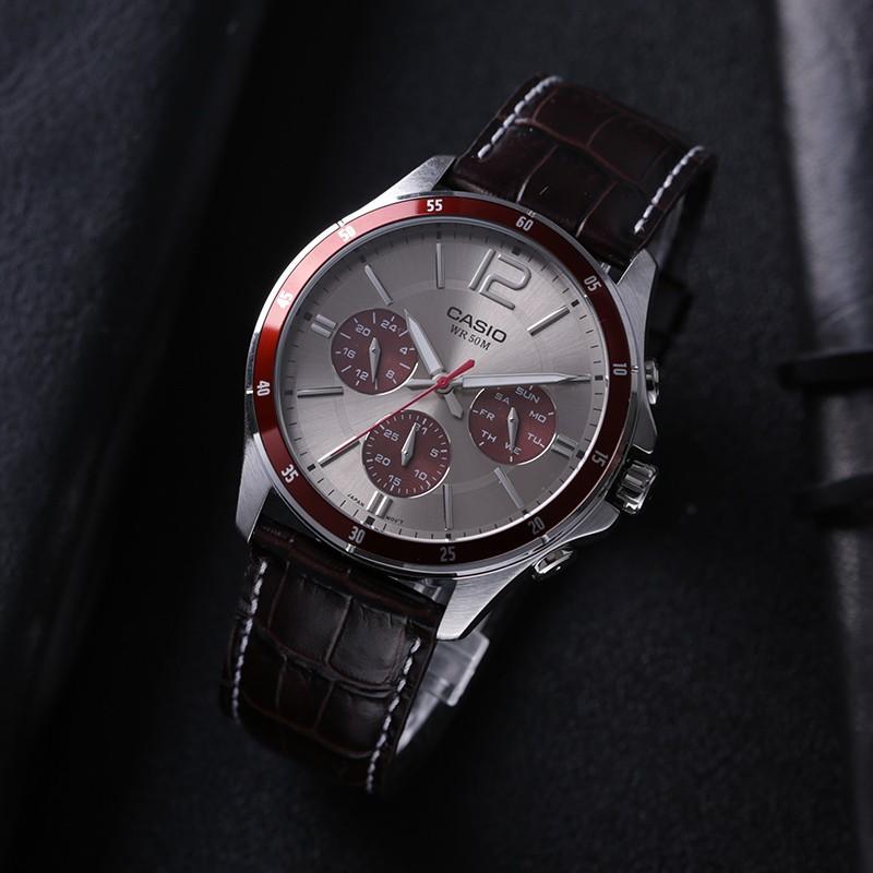 Casio Standard Series Business Fashion Three-Eye Chronograph Quartz Movement Genuine Leather Strap Men watches Silver MTP-1374L-7A1