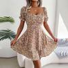 Women's Summer Floral Dress Square Collar Short Sleeve Lace Up Elegant Spring Outfit Sizes S-XL