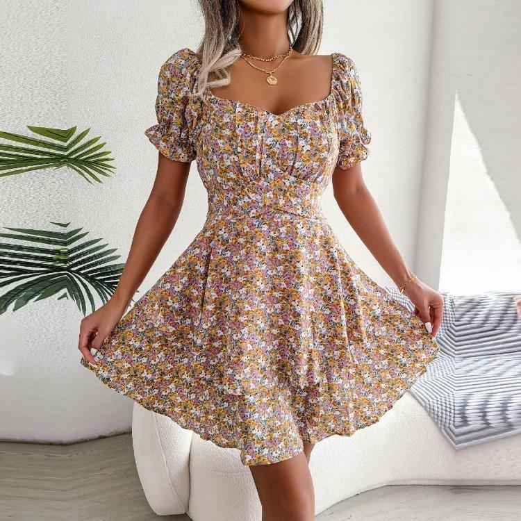 Elegant Floral Summer Dress for Women Square Collar Short Sleeve Lace Up Spring Outfit Sizes S To XL