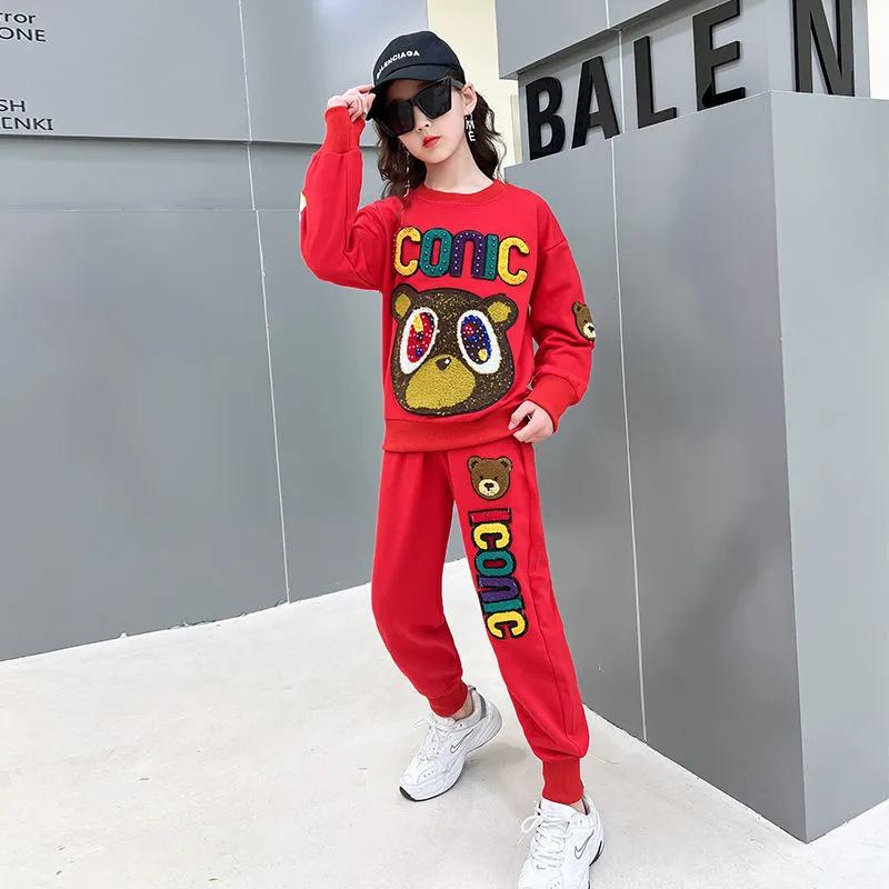 Girls' Trendy Spring Two-Piece Suit: Stylish Sweater & Print Sports Leisure Set