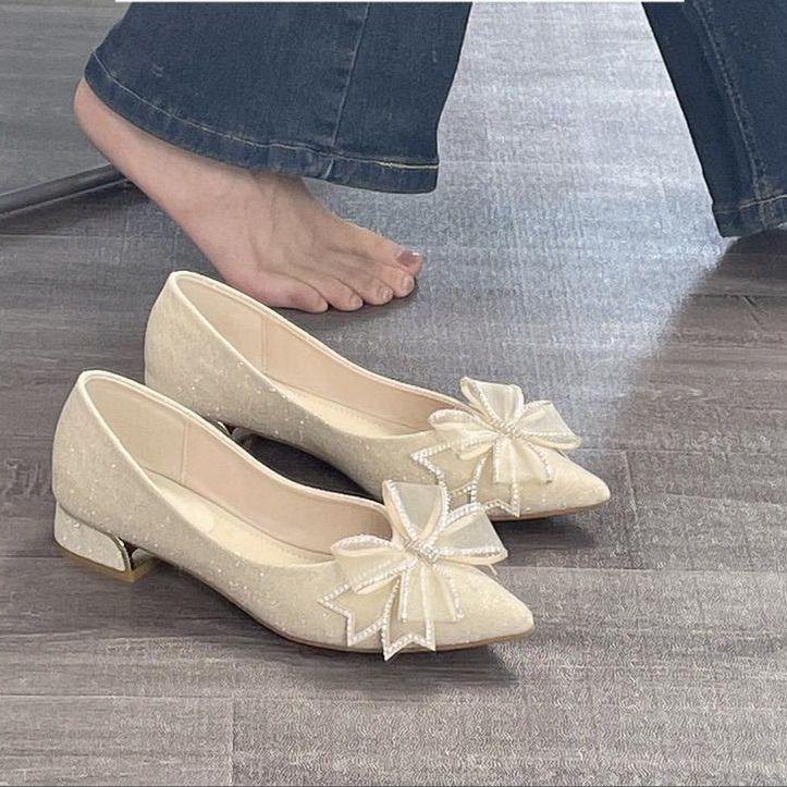 Temperament Single Shoes Women 2025 New Summer Bridesmaids Pointed Head Shallow Mouth with Skirt Versatile Internet Celebrity Thick Heel French Shoes