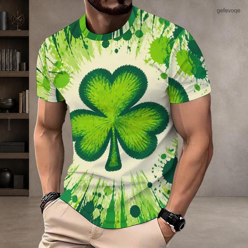 Men Plus Size Round Neck Short Sleeve Dark Green Clover Printed T Shirt