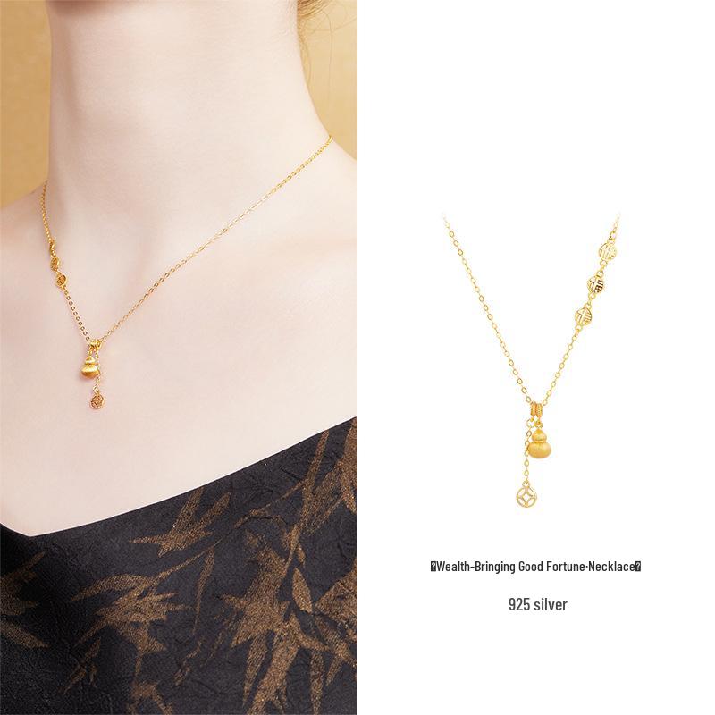 

Sterling Silver Fu Character Copper Coin Gourd Pendant Necklace – Women s Wealth-Attracting Clavicle Chain 925 Sterling Silver