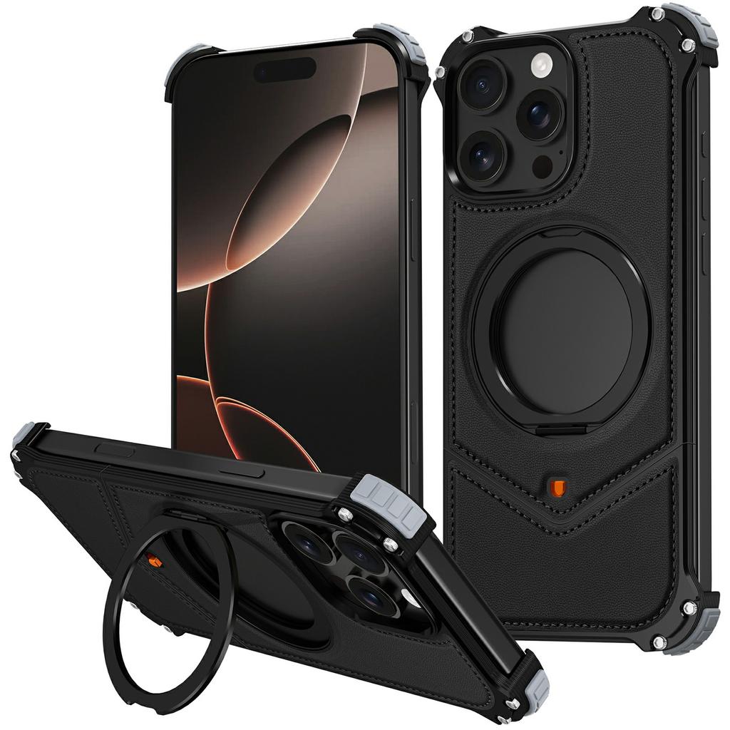 For iPhone 16 Pro Case PU Covered Metal Boardless Phone Back Cover with Kickstand