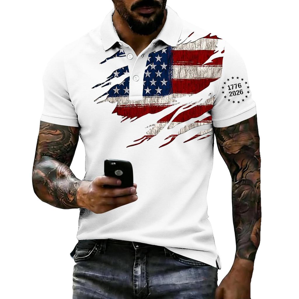 Men Loose Fit Casual Polo Shirt Short Sleeve with Flag Print Lapel Collar Comfortable Breathable Fabric