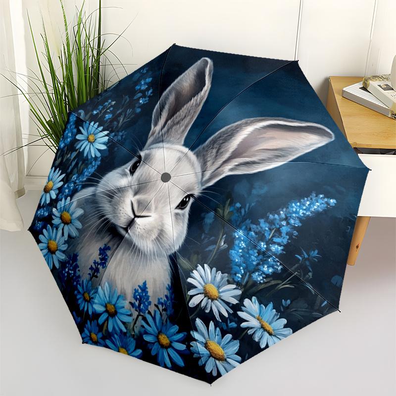 1pc Automatic Open/Close Umbrella with Floral Rabbit - Auto Folding Compact Travel Umbrella, Lightweight Portable Design, Eleg