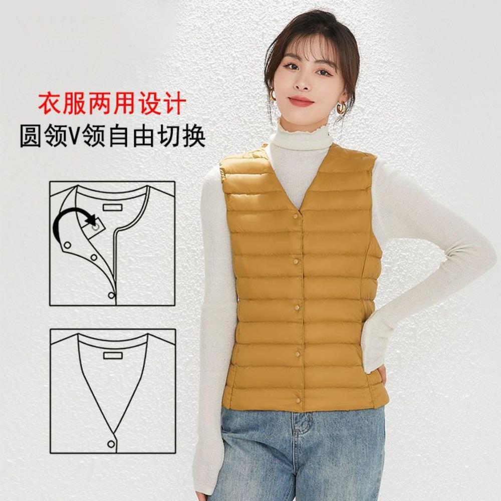 Women's V‑Neck Sleeveless White Duck Down Vest Regular Fit Commuter Layering Gilet