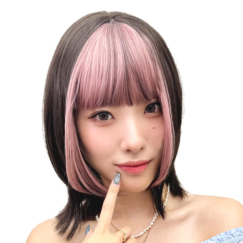 AQUADOLL Magical Bang Color Wig with Whorl and Bangs, Partial Wig, Pointed Wig, Women's, Medium, JBKCPK-X. Black Cosmos Pink, wgt828JBKCPK-X