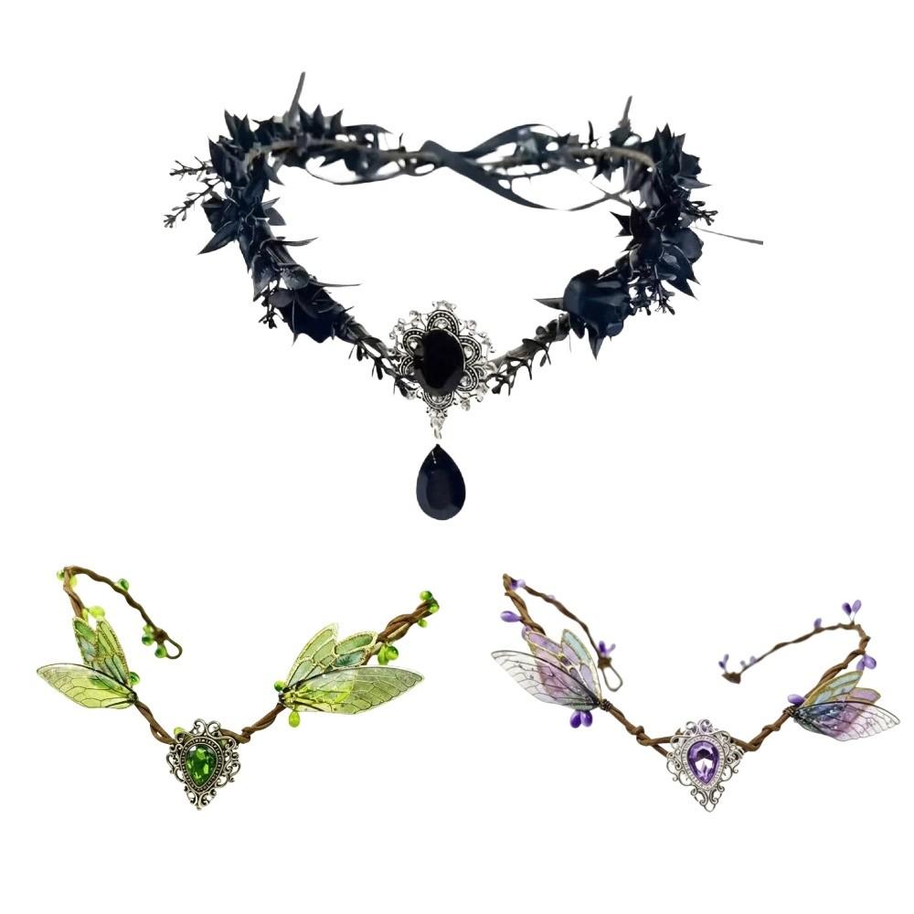 Rhinestone Decorated Fairy Flower Leaf Headbands Elven Princess Tiara Photoshoot Costume