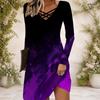 Women Cross V Neck Long Sleeve Dress Red Blue Silver Star Sequin Print Irregular Hem Dress