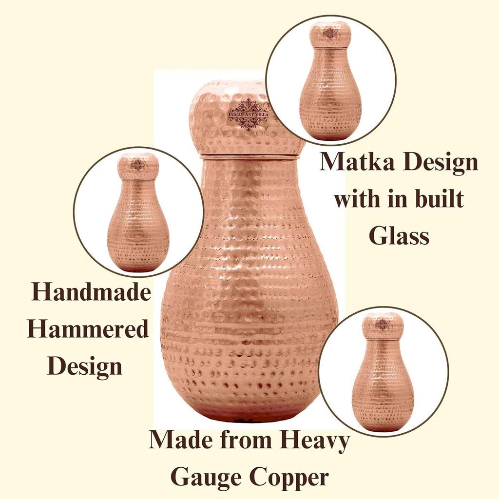 Pure Copper Bedroom Water Bottle with Inbuilt Glass, Matka Design Hammered Finish - Volume 1600 Ml (Pack of 1)
