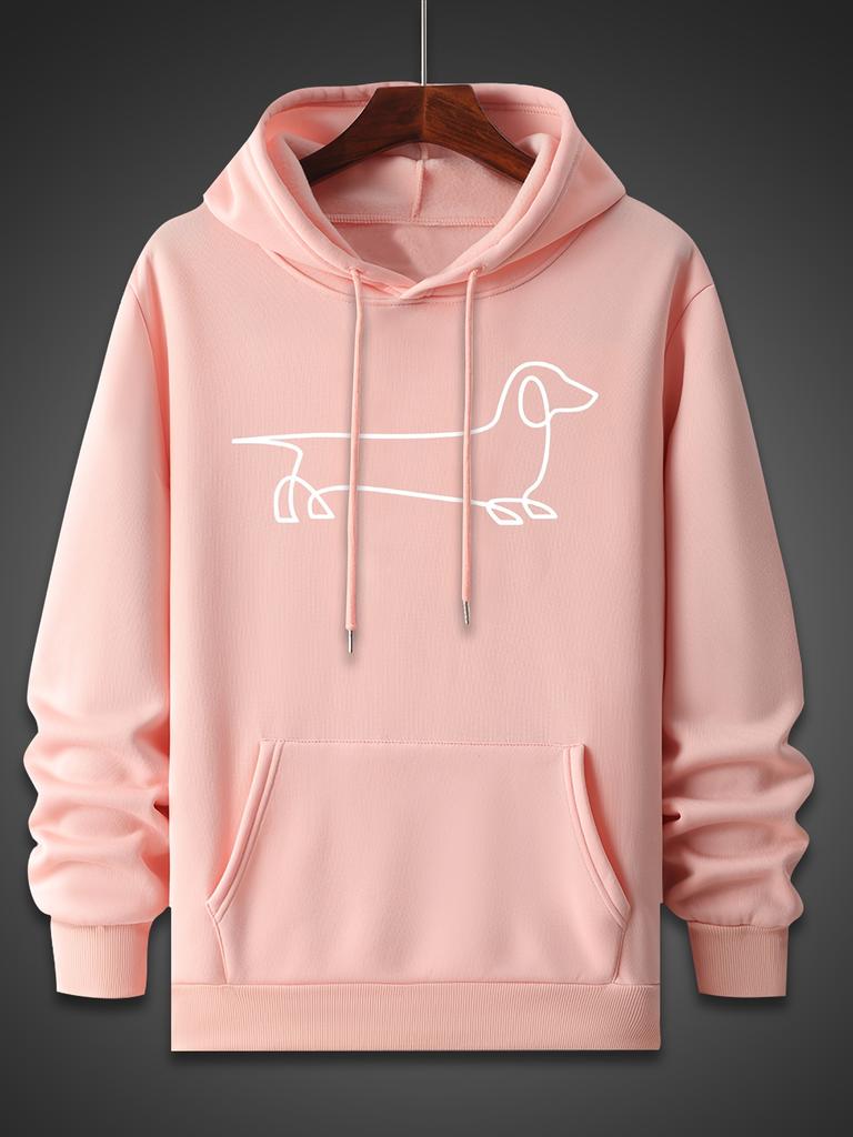 Minimalist One Line Dachshund Print Men's Gray Loose Hoodie, Hip Hop Sports Casual Pocket Street Sweatshirt