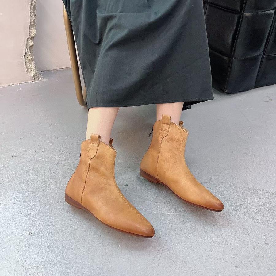 Johnature Retro Women Short Boots Genuine Leather Solid Color Shoes Handmade Round Toe Back Zipper Ankle Boots