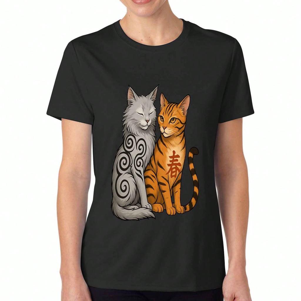 Twin Cats Ladies Cotton T Shirt,Pure Cotton HighQuality Printing,Durable,Casual Fashion,Cute Kitten Graphic Tee,Chinese Spring Character Cat Art TShir