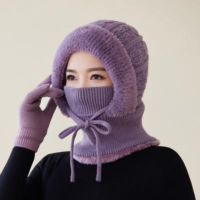 New Winter Cycling Fleece Thickened Warm Needle Wool Pullover Hat Women's Scarf Integrated Ear Protection Knitted Hat