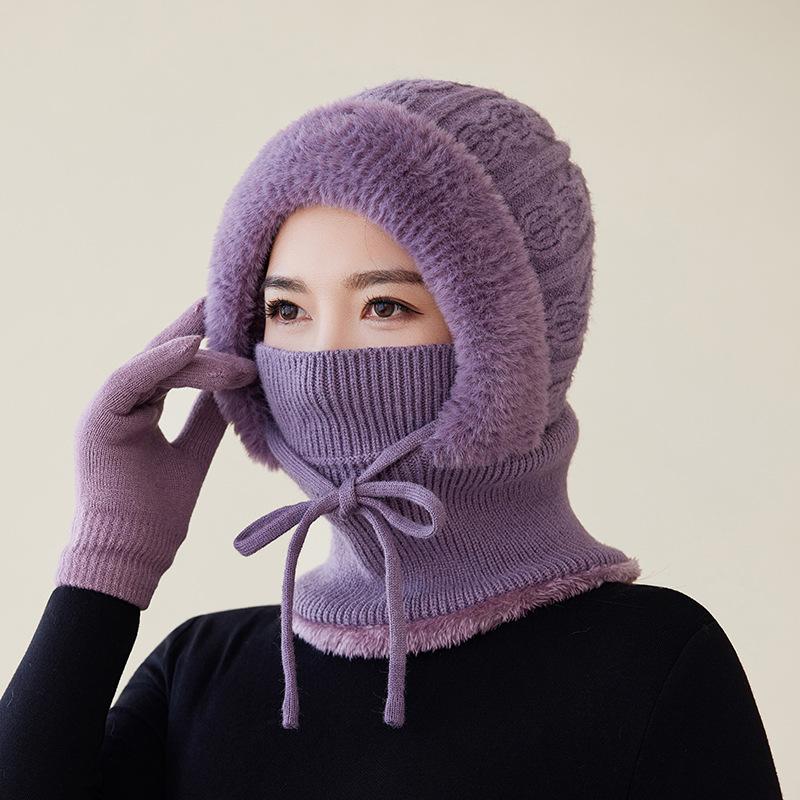 New Winter Cycling Fleece Thickened Warm Needle Wool Pullover Hat Women's Scarf Integrated Ear Protection Knitted Hat