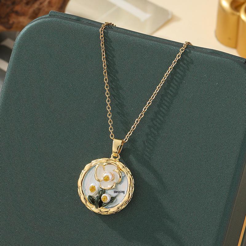 Monet-Inspired Flower Pendant Necklace, Hand-Painted, High-End Stainless Steel Clavicle Chain, New Chinese Style