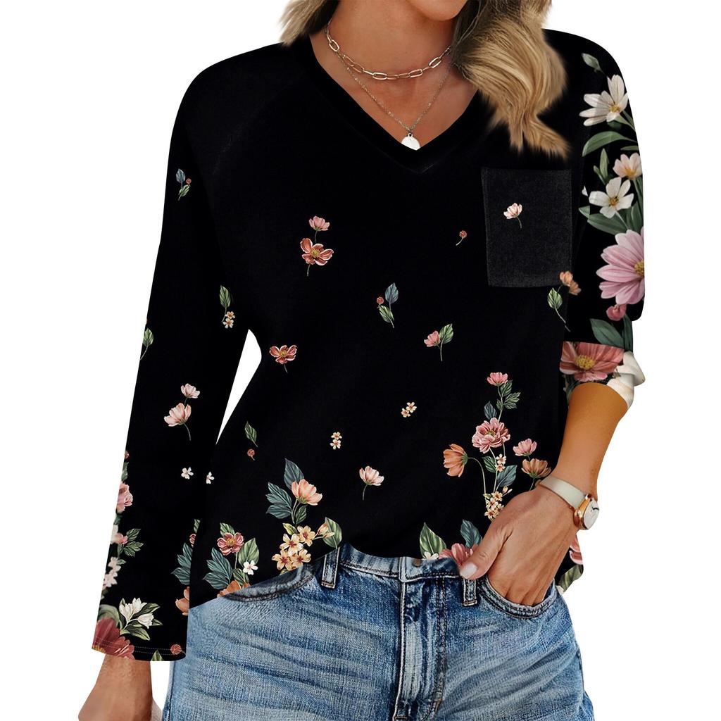 Dam Raglan Långärmad V-ringad T-shirt Sömnad Enfärgad Casual Topp Pullover V-ringad Ficka Underdel