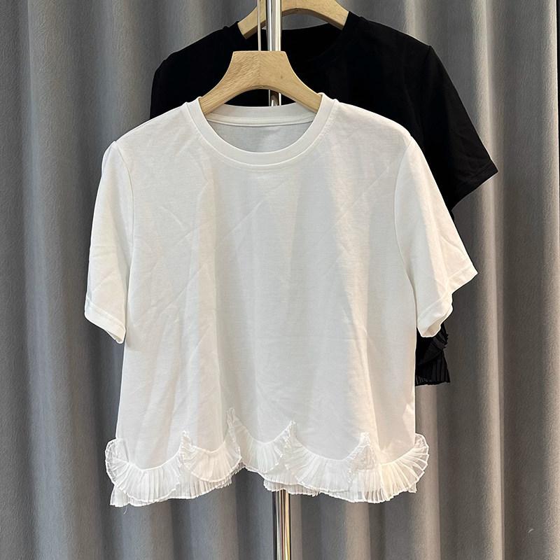 Korean 2026 Summer Ruffle Patchwork Women s Round Neck T-Shirt L белый