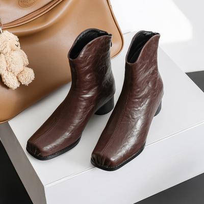 Ballet Shoes Women's Boots Pig Nose Leather Single Boots 2025 Autumn and Winter Thin Boots Square Head Retro Ballet Short Boots Women