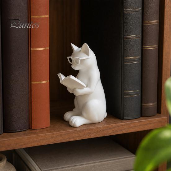 Décoration Chat de Bureau Figurine de Lecture Imprimée en 3D, Ornement Décoratif avec Base Lestée Antidérapante, Statue Intellectuelle à Texture Haut de Gamme Lunettes