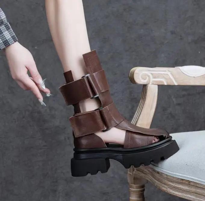 Fashion 6.5CM New Women Gladiator Sandals Summer Thick High Heel Platform Genuine Leather Hollow Roman Sandals Women Mid Calf Cool Boots