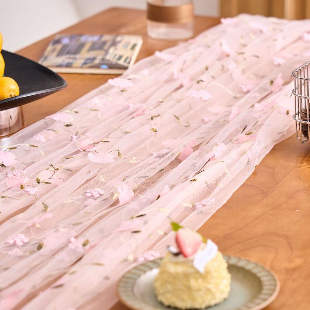 Boho Floral Embroidered Lace Tablecloth Sheer Tulle Table Cover Vintage Aesthetic Table Runner for Shower Birthday Wedding Party