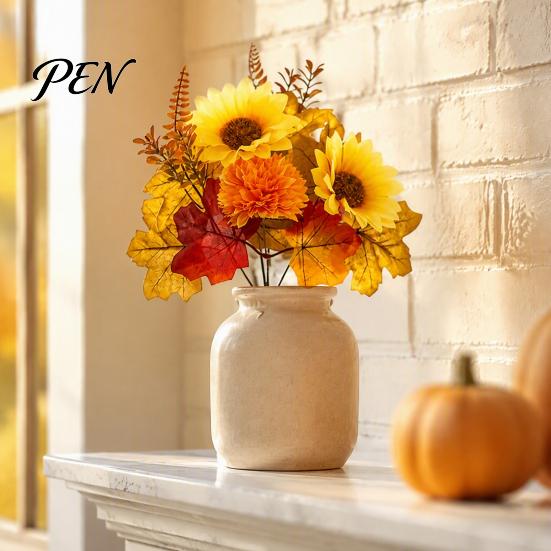 Autumn Floral Decorations Artificial Sunflower Maple Leaf Bouquet, Fall Flowers, Realistic Silk Faux Leaves for Vase Flower Thanksgiving Table Mantel