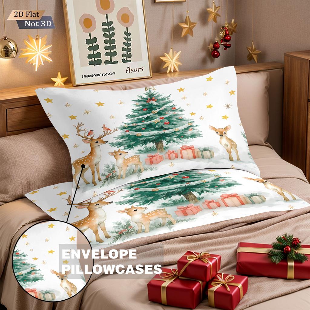 3pcs Merry Christmas Cute Deer Printed Core Free Down Duvet Cover Multi Sized Bedroom Holiday Bed Decor Machine Washable