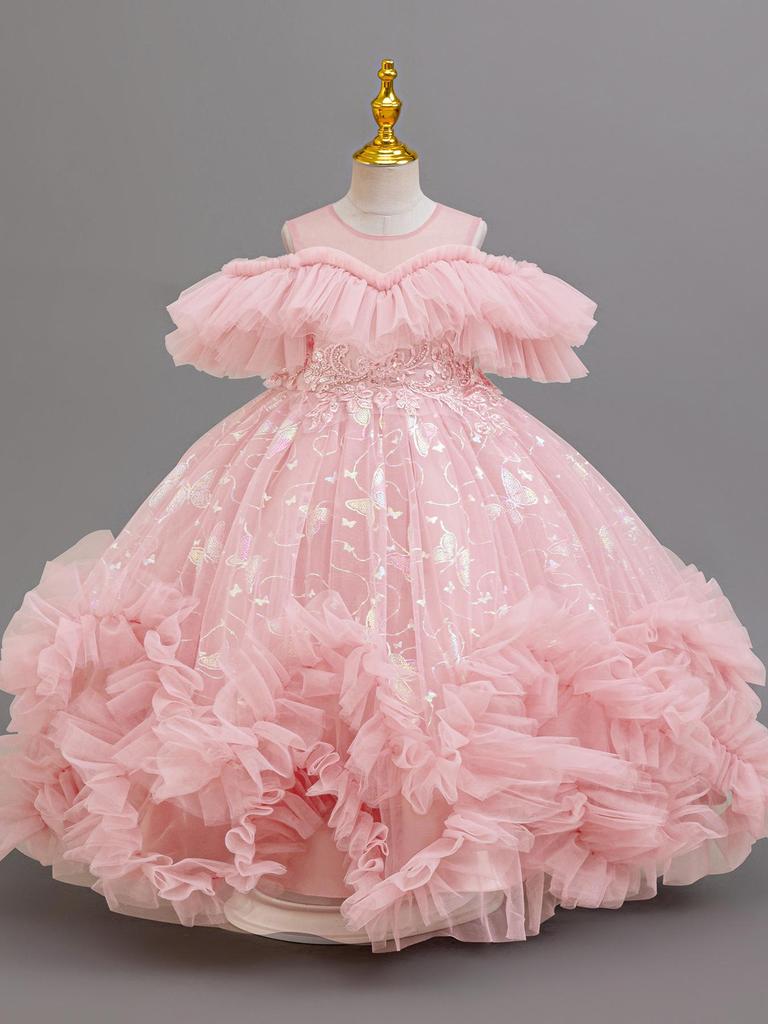 Girls' One-Shoulder Princess Dress with Mesh Puff Skirt – Formal Flower Girl Birthday Dance Costume