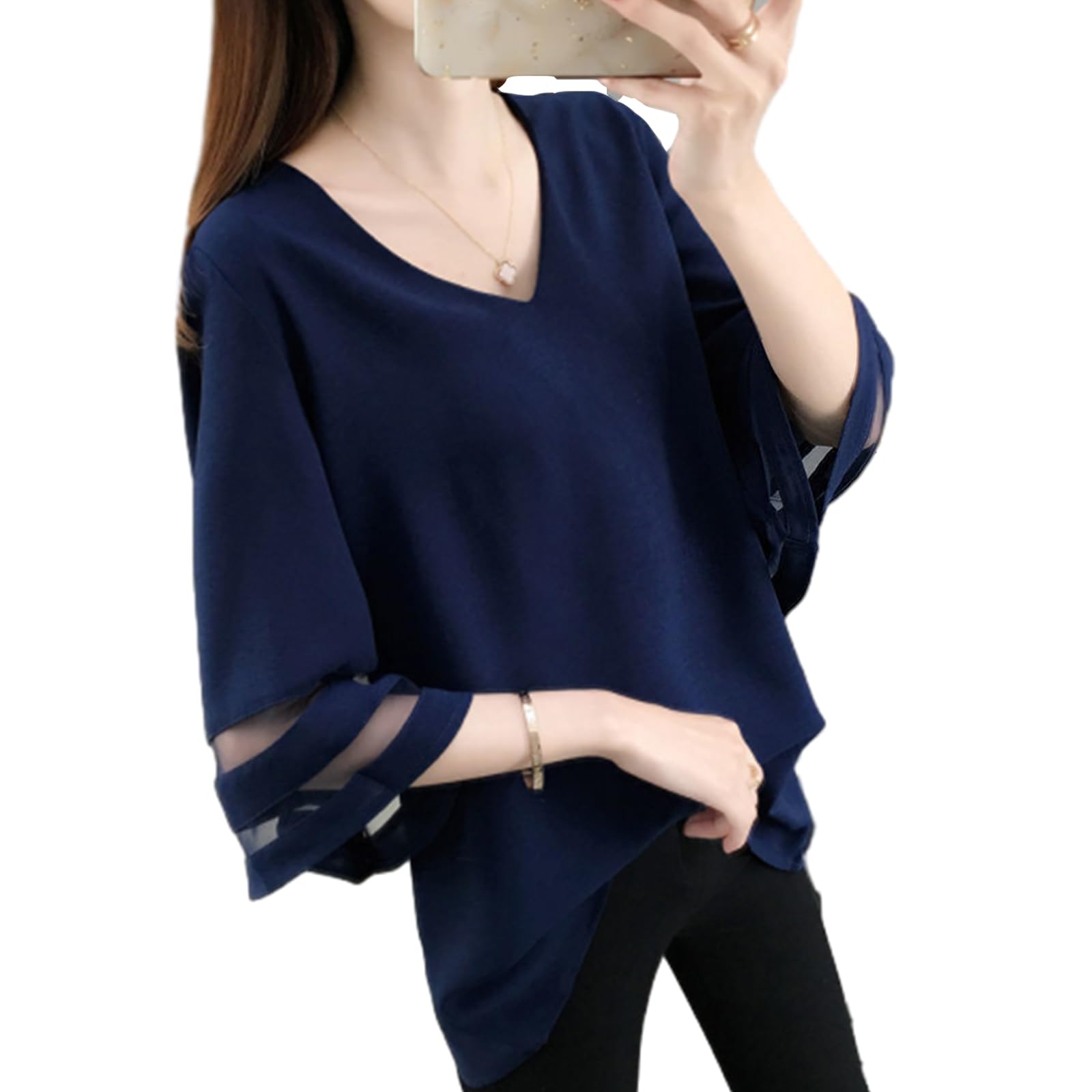 

[CCGGOWMM] Женская блузка – V-образный вырез, короткий рукав, топ с рукавами-клеш, однотонный, стиль «cut & sewn», размер XL синий