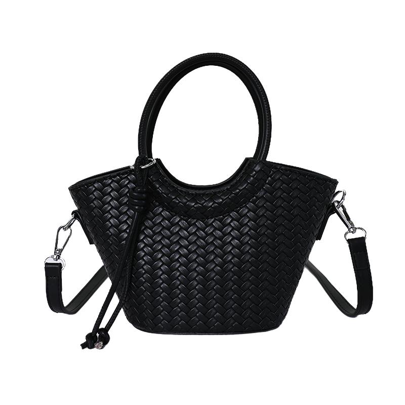 Woven Texture Mini Tote Bag with Round Handle and Detachable Strap