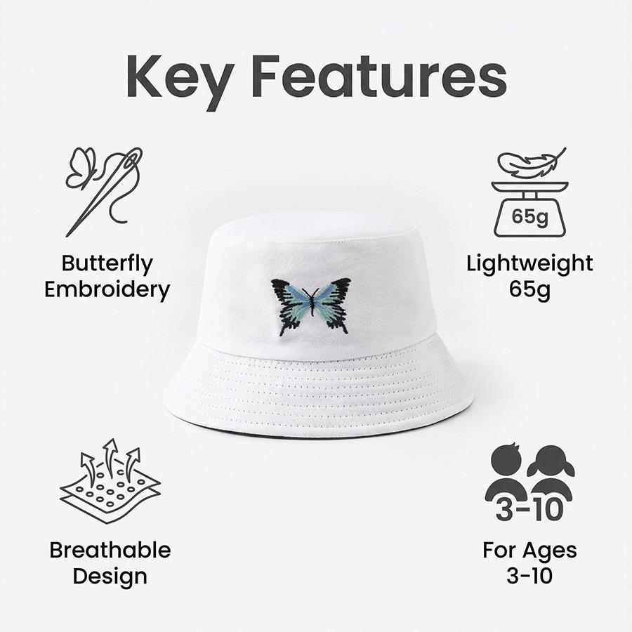 Children's Korean Style Butterfly Embroidery Bucket Hat - Spring/Summer Outdoor Sun Protection
