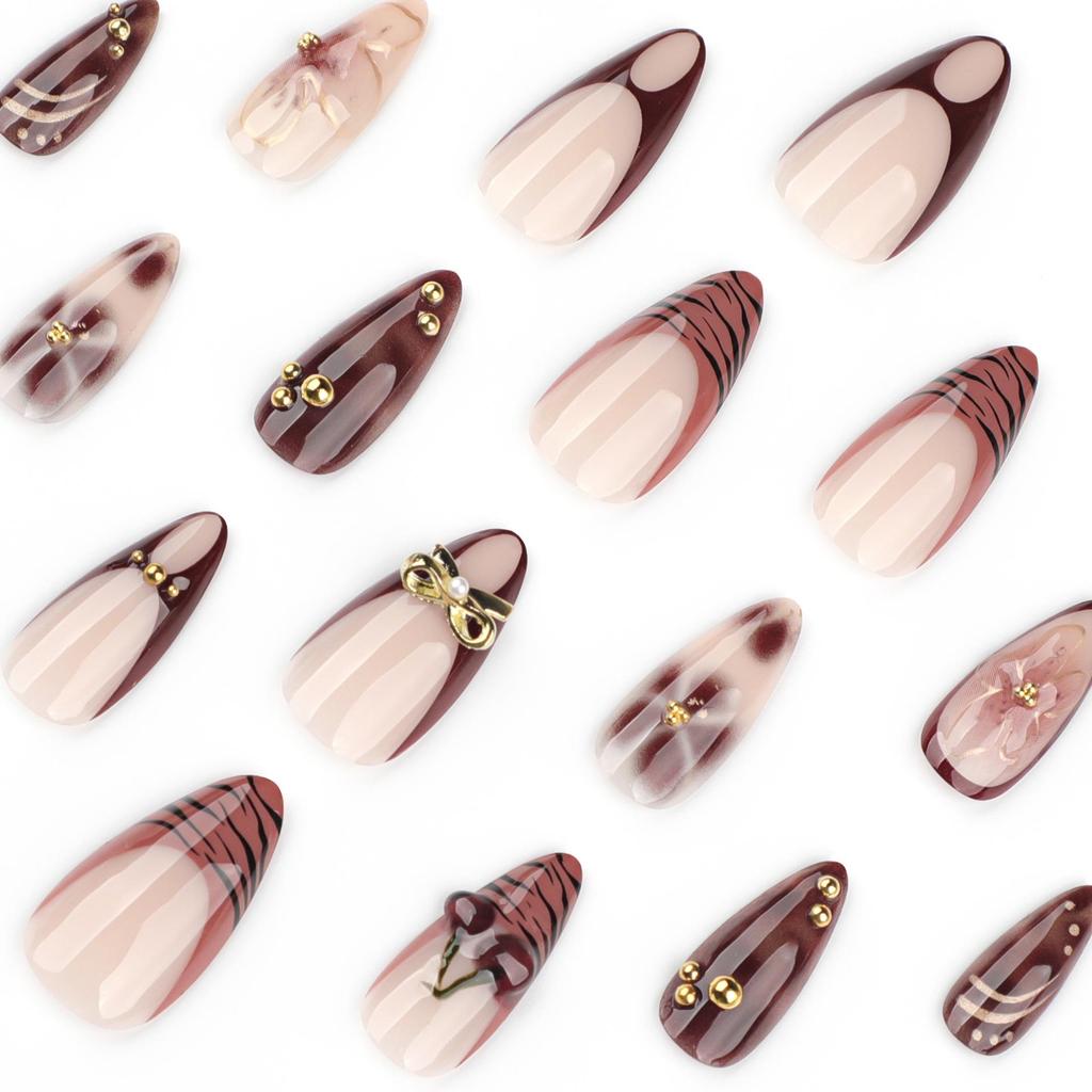 3D Cherry Blossom Almond Press-On Nails for Autumn and Winter