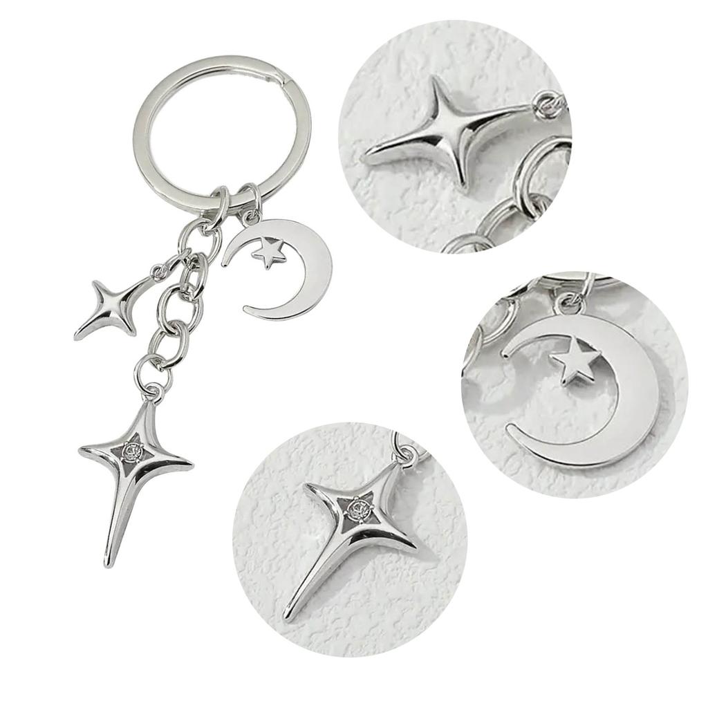 Crescent Moon Four-pointed Star Female Car Keys Chain Rings Bag Pendant for Gift