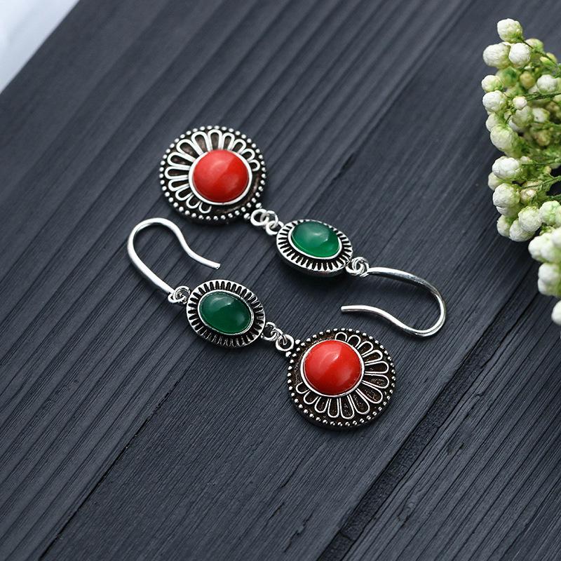 Chinese Classical Cheongsam Hanfu Earrings with Imitation Southern Red Agate & Thai Silver Electroplating