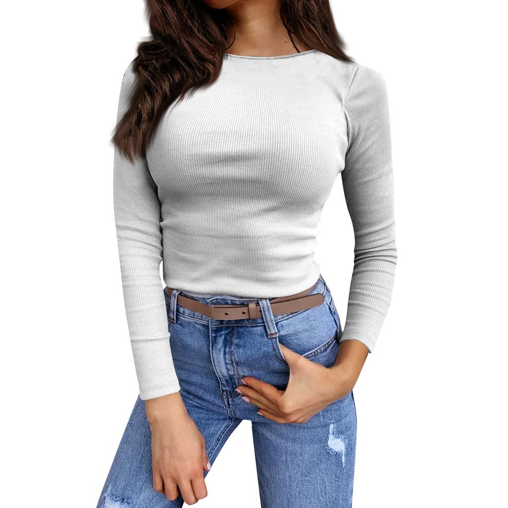 Women's Autumn And Winter Slim Bottom T-shirt Fashion Casual Solid Color Round Neck Pullover Long Sleeve Top