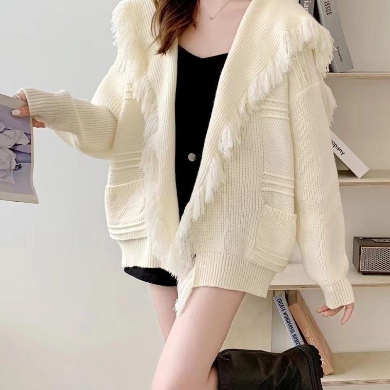 Design Sense Navy Collar Fringed Cape Thickened Sweater Cardigan Women's Autumn and Winter Loose Lazy Style Thin Knitted Jacket