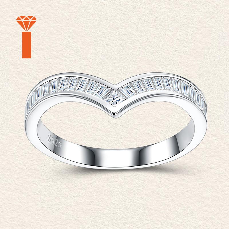 Local Spot Stock Chic Chevron V Curve Mixed Trapezoid Princess Moissanite Band S925 Silver Face Flattering Statement Rings